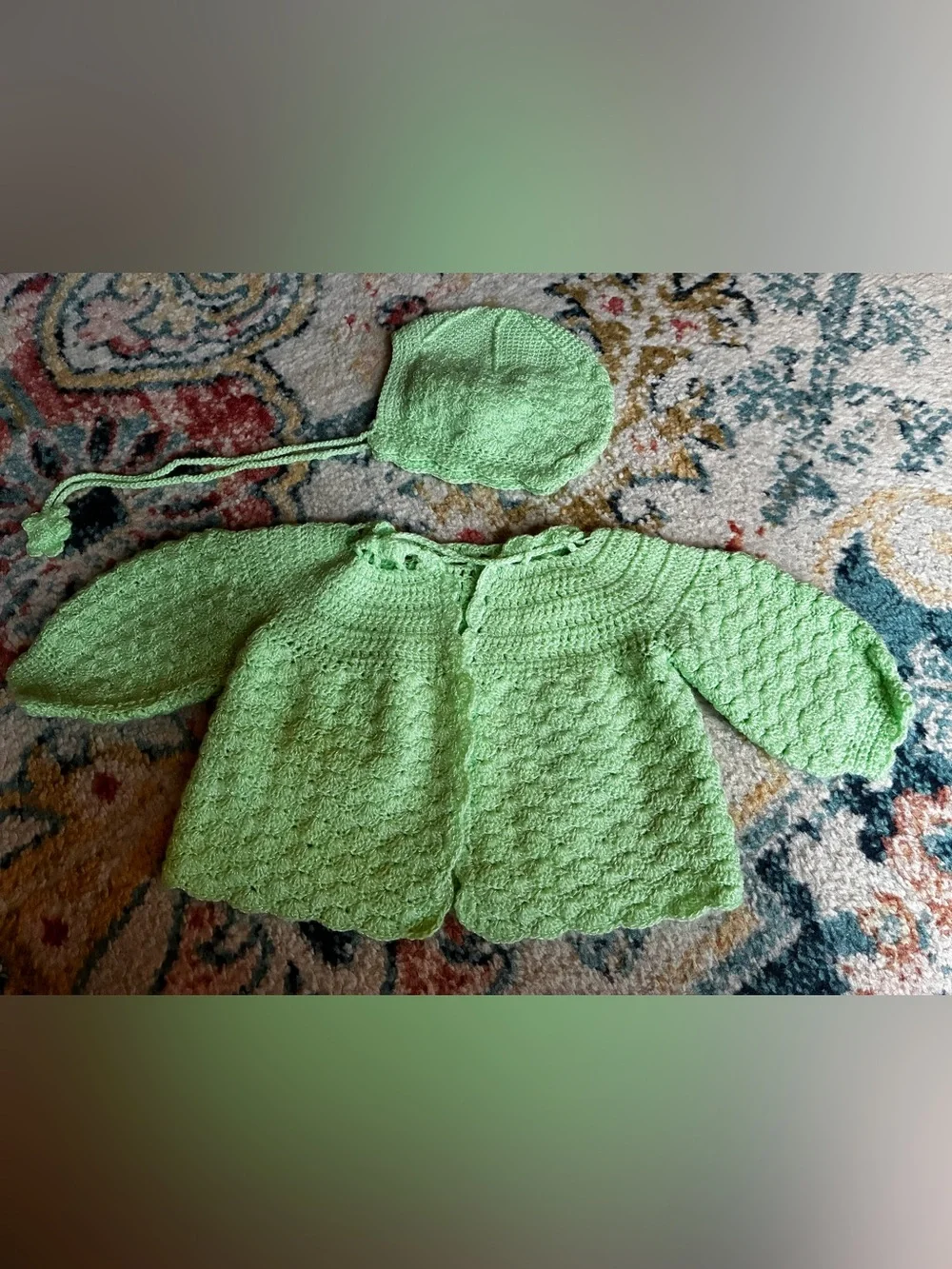 Child's Hand-Knit Light Green Cardigan & Bonnet Set (3-6 months)